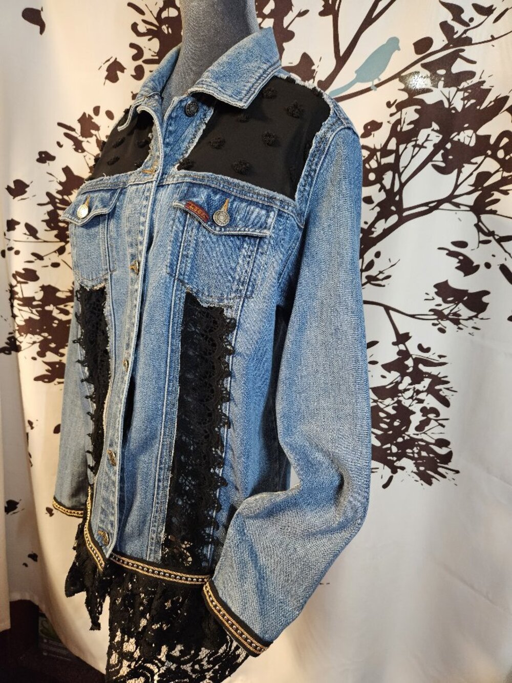 Boho Upcycled Lee Denim Jean Jacket Size Large-Black Lace Accents-Gold Stud Trim